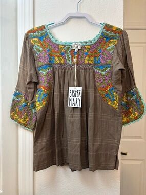 NWT Sister Mary Brown Embroidered Top